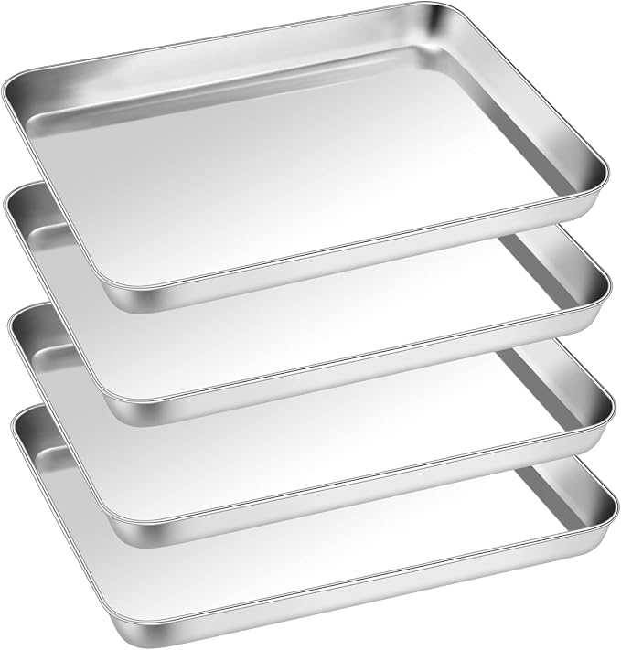 P&P CHEF Baking Sheet Pan, Stainless Steel Cookie Sheet, 12.5 Inch & 4 Pcs | Oven Tray Sheet Pan for Baking & Serving, Baking Tray for Multi Uses, Heavy Duty & Non-toxic, Rust Free & Dishwasher Safe