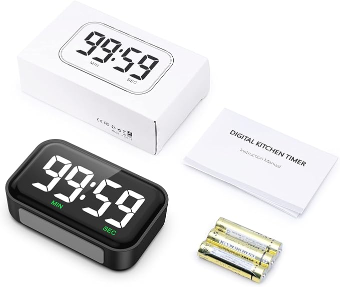 Digital Kitchen Timer, Large LED Display Count Up Countdown | Magnetic Classroom Timer, 3 Volume Levels, Visual Timer for Cooking/Office/Kids/Work/Study, Black (Battery Included)