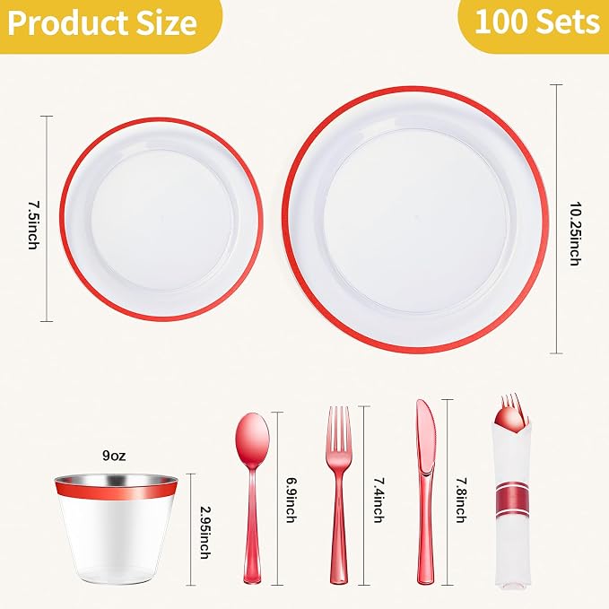 700 Pcs Clear Red Plastic Dinnerware Sets for Party for 100 Guests | Red Plastic Plates Include 200 Plastic Plates, 100 Pre Rolled Napkins with Cutlery Set, 100 Cups for Birthday, Christmas