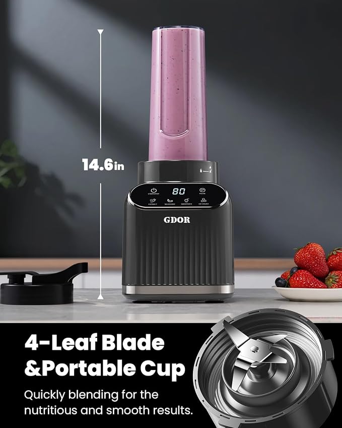 GDOR Professional Blender for Kitchen, 1200 Peak Watts Smoothie Blender, 5 Functions for Ice Crushing & Frozen Fruit, 52 Oz Glass Jar & 24 Oz To-Go Cup Combo, Self-Cleaning, Gray