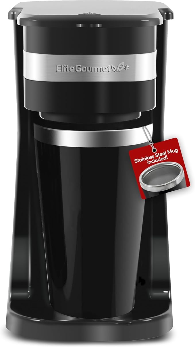 Elite Gourmet EHC113 Personal Single-Serve Compact Coffee Maker, Black | Includes 14oz stainless steel interior thermal travel mug, reusable filter - compatible with coffee grounds