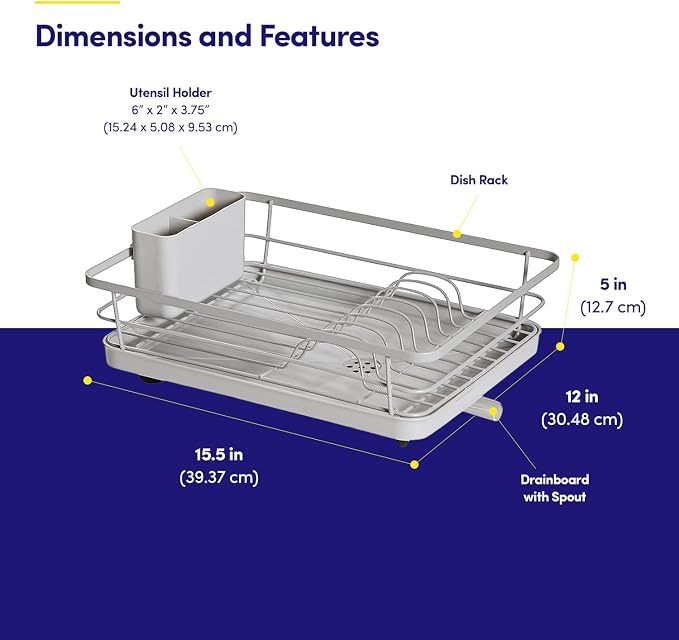 Dish Drying Rack 3 Piece Dish Drainer with Drainboard Set for Kitchen Counter – Dish Rack with Removable Utensil Holder & Swivel Spout for Countertop – DishRack for Plates, Cups & More, Silver