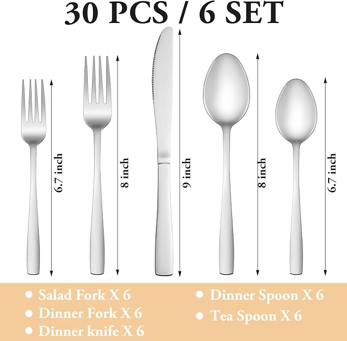 30 Piece Silverware Set Service for 6,Premium Stainless Steel Flatware Set,Mirror Polished Cutlery Utensil Set,Durable Home Kitchen Eating Tableware Set,Include Fork Knife Spoon Set,Dishwasher Safe