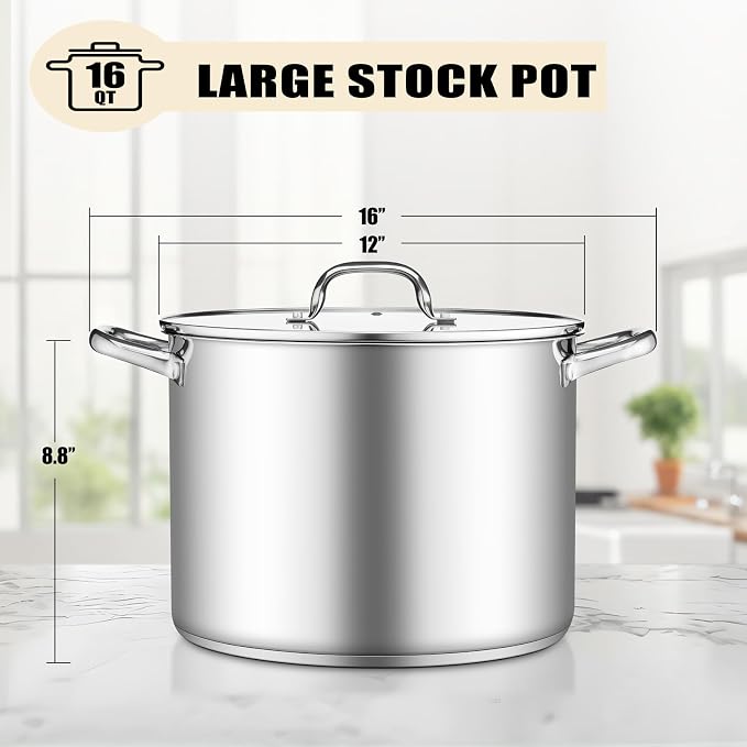 TeamFar Stainless Steel Stock Pot, 16QT Tri-ply Bottom Large Stockpot | Cooking Soup Pot with Lid, for Induction Gas Electric Glass Tops, Non Toxic & Sturdy, Straight Side & Various Stovetops Safe