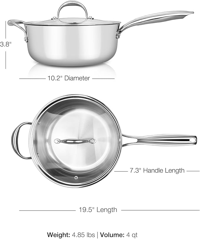 KEAWELL K3 Premium Tri-Ply Fully Clad Sauté Pan with Lid (4-Qt) | 4-Qt Tri-Ply Fully Clad Stainless Steel Sauté Pan; Compatible with All Stovetops; Oven Safe to 600°F