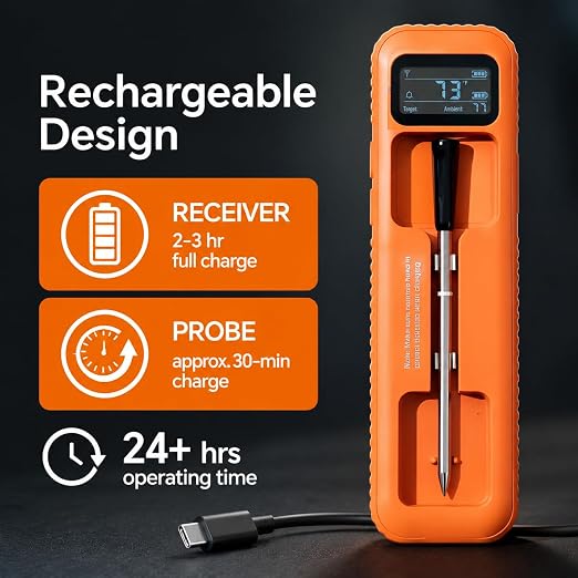 Bluetooth Meat Thermometer Wireless for Grill BBQ Oven, Upgraded Probe | 130FT Stable signal | ±1°F Accurate Digital | Wifi App Control | IP67 Waterproof | Rechargeable | For Steak Chicken Turkey