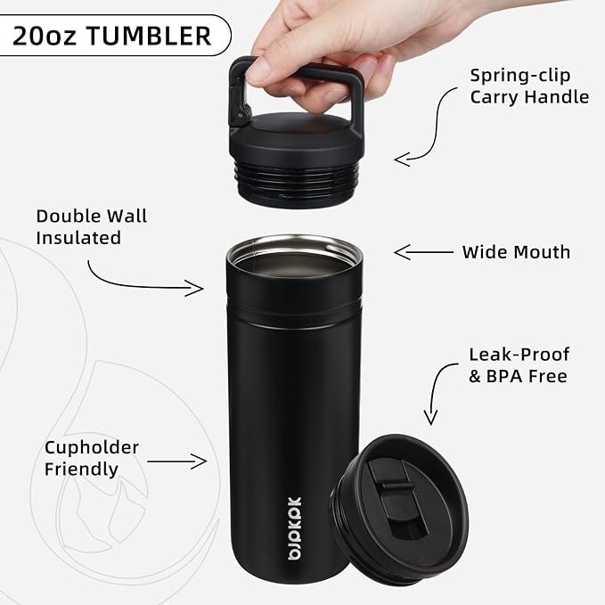 BJPKPK 20 oz Insulated Travel Water Bottle, Coffee Tumbler Stainless Steel | Double Wall Vacuum, Leakproof, Thermal, Keeps Hot/Cold, BPA Free, Dishwasher Safe, Spill Proof, Wide Mouth, 2 Lids, Black