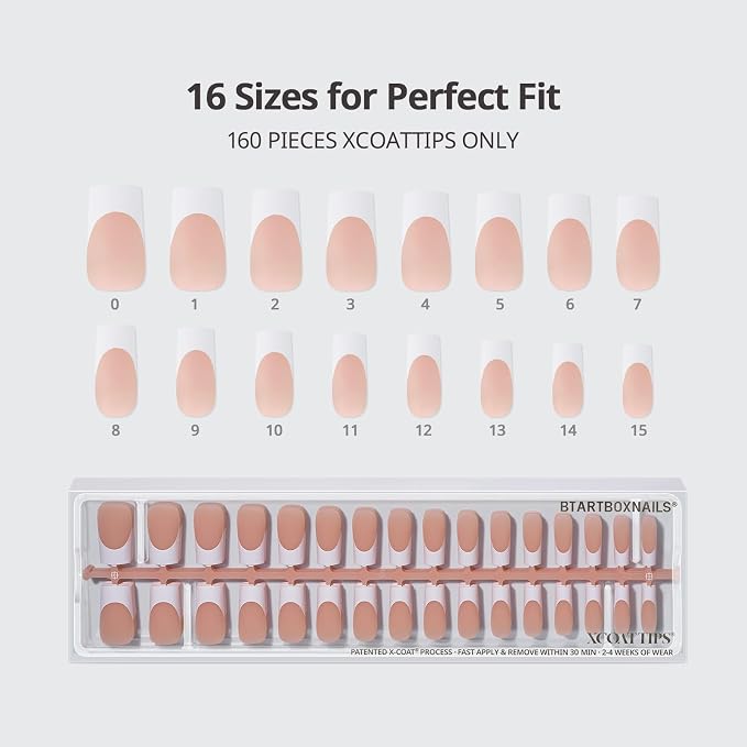 BTArtboxnails XCOATTIPS White French Tip Press On Nails, L Square, Peach | Lamp-Curable, 4-Week Wear, Natural Nail Look, Salon Quality Value at Home, Easy-to-Apply for Beginners, 160ct Nail Tips Only