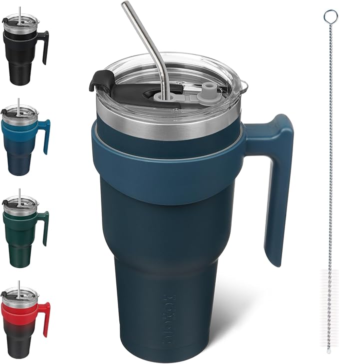 BJPKPK 40 oz Tumbler with Handle & Straw, Insulated Stainless Steel Mug | Double Wall Vacuum, Keeps Hot/Cold, Thermal Cup, BPA Free, Dishwasher Safe, Cupholder Fit, Coffee & Travel, Navy Blue