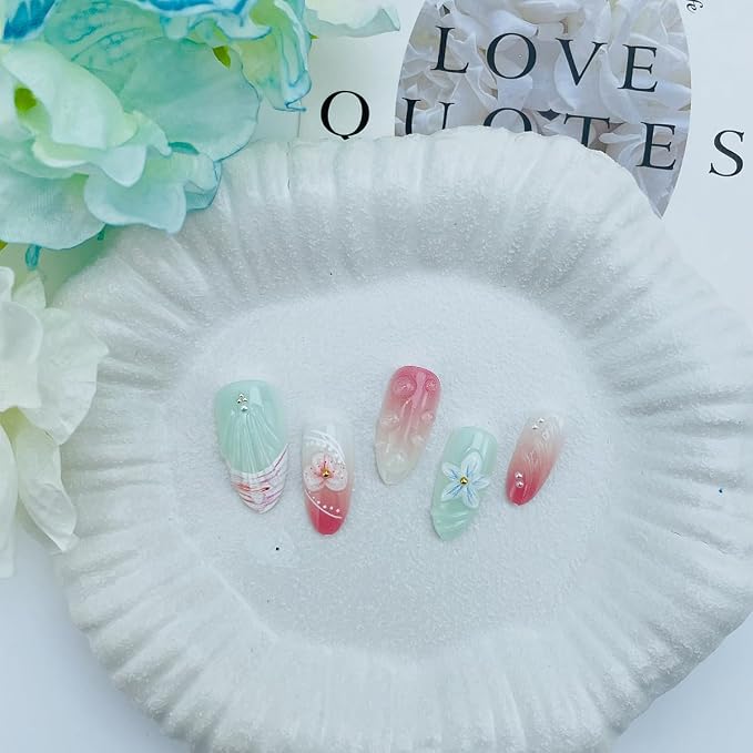 30Pcs Summer Press On Nails Medium Almond Fake Nails with 3D Flower & Gold Bead Design Pink Blue Gradient Glossy False Nails Summer Beach Glue on Nails Reusable Handmade Stick On Nails for Women