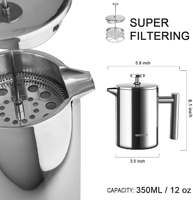 Secura French Press Coffee Maker, 304 Grade Stainless Steel Insulated Coffee Press with 2 Extra Screens, 12oz (0.35 Litre), Silver