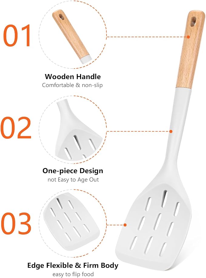 Silicone Spatula, Non Stick Turner for Cooking, Food Grade, White | Heat Resistant, Flexible Edge, 2 Pack Wooden Handle Kitchen Turner for Baking Mixing Grilling Serving Food