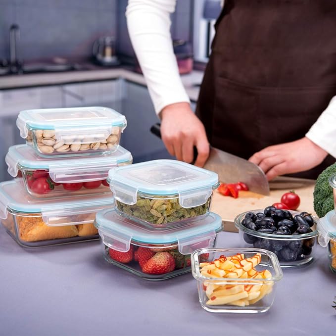 AILTEC 9 Pack Glass Food Storage Containers with Lids, 3 Shape Airtight Set | Ideal for Meal Prep, Lunch, Leak Proof, Borosilicate Glass Reusable, Microwave, Oven, Freezer Dishwasher Safe, BPA Free