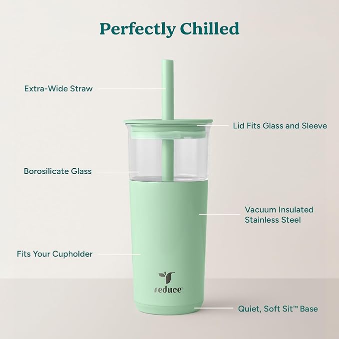 REDUCE Aspen - 20oz Vacuum Insulated Glass Tumbler - Extra Wide Straw & Lid | Keeps drinks cold for 12 hours, ideal for iced coffee, smoothies & boba, dishwasher safe, soft base