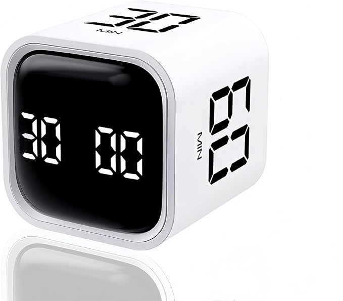 Digital Cube Pomodoro Timer Desk Rechargeable Productivity Timer 5/10/30/60min & Custom Countdown, Vibration & Adjustable Sound Alarm,for Task Work Kitchen ADHD Kids Studying (White)