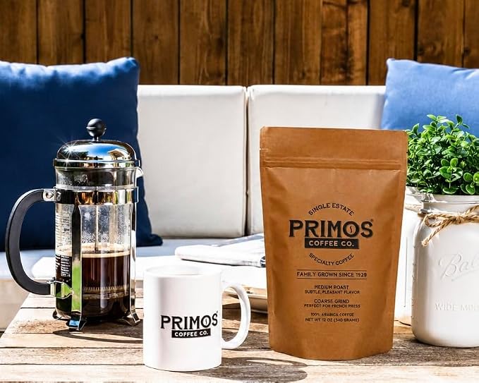 Primos French Press Coffee, Coarse Grind - 2 Bags - 1 Medium & 1 Dark Roast | Coarsely ground for balanced extraction; smooth, low acid, fruit & cacao notes; from our Nicaraguan farm & Texas roastery