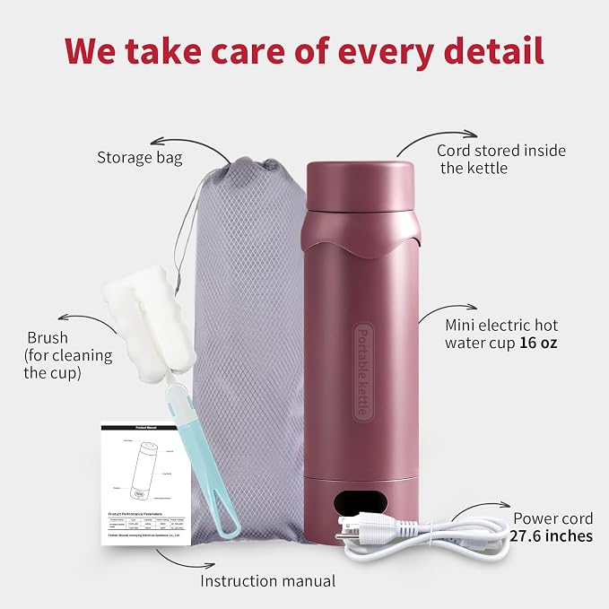 Travel Electric Kettle, Insulated Water Bottle with 4 Temp, Black Cherry | 316 Stainless Steel Liner, 400ml, Auto Shut-Off & Leak-proof, Mini Travel Essentials Portable Office Gifts for Tea Lovers