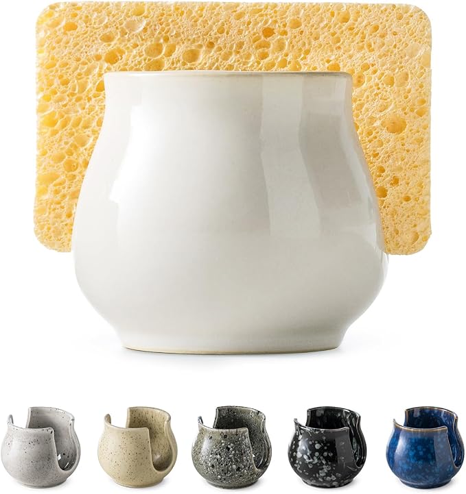Zoeeker Sponge Holder for Kitchen Sink, Ceramic Dish Sponge Caddy | Scouring Pad Holder Kitchen Storage Accessories Brush Holder for Bathroom, Countertop, Sink, Farmhouse Kitchen Decor, White