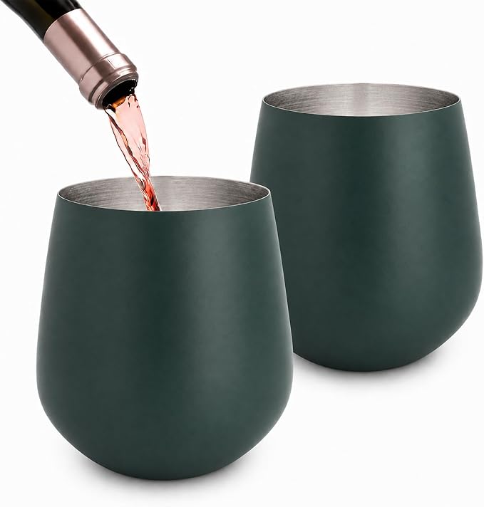 K&K Home Stainless Steel Unbreakable Stemless Wine Glasses - 15 oz - Set of 4 Colored, Stemless Metal Wine Glasses Perfect for Outdoors, Weddings, and Parties (Green)