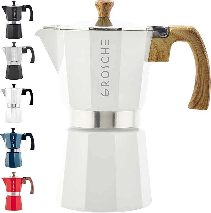 GROSCHE Milano Stovetop Espresso Maker Moka Pot 6 espresso Cup 9.3 oz White | Cuban Coffee Maker And Italian Moka Pot For Stovetop Espresso; For Gas, Electric, And Propane Stoves With A Soft-Touch Handle