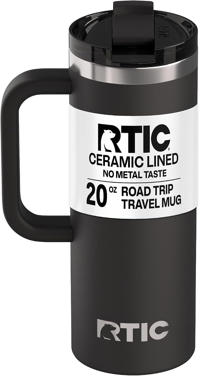 RTIC 20oz Road Trip Travel Mug with Lid and Handle, Ceramic Lined, Insulated, Stainless Steel, Metal, Double Wall Vacuum-Insulation, Portable Coffee, Tea Cup for Hot and Cold Drink, Midnight
