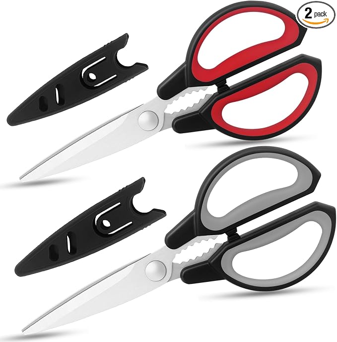 Kitchen Scissors, Multipurpose Kitchen Shears with Cover, Sharp Stainless Steel Blades and Comfort-Grip Handles for Cooking, Food & Packaging, 2-Pack, Black Gray & Black Red