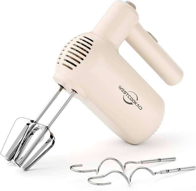 Hand Mixer Electric 5-Speed Upgraded Motor Turbo White | Electric Handheld Hand Mixer with Stainless Steel Beaters&Dough Hooks,Turbo Ultra Power Plus Eject Button for Cakes and Eggs