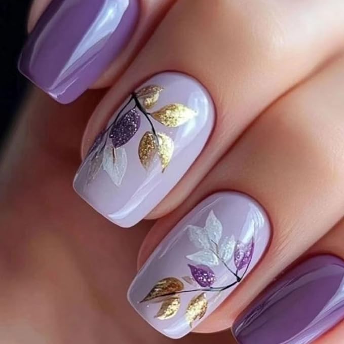 24 Pcs Fall Press on Nails Medium Square Fake Nails with Flower Full Cover Designs Nails Press ons Purple Glue on Nails Glossy Stick on Nails for Women