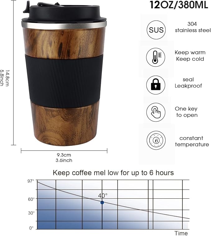 KETIEE Travel Mug, 12oz Insulated Coffee Cup with Leakproof Lid, Vacuum Stainless Steel Double-Wall Travel Coffee Mug Spill Proof, Reusable Travel Tumbler for Men and Women for Hot Cold Water