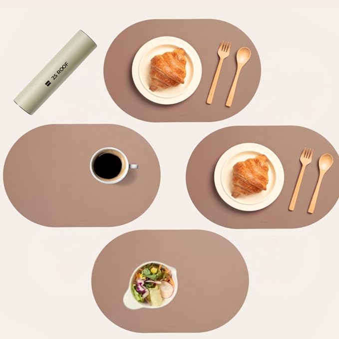 Clay Pink Oval Silicone Placemats Set of 4 – Heat Resistant, Waterproof, Easy to Clean Non-Slip Modern Dining Table Mats – Premium Leather Textured Japandi Kitchen Decor