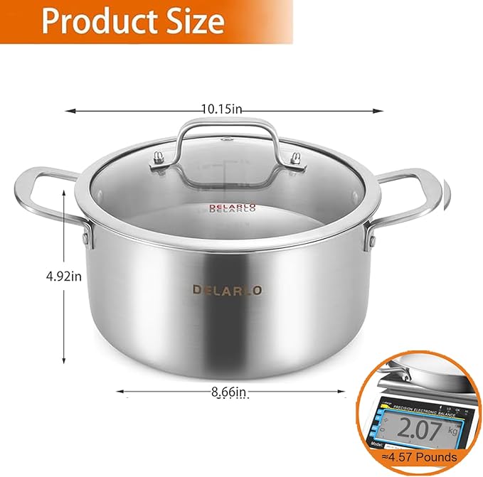 DELARLO Tri-ply Stainless Steel 5 Quart Heavy Duty Induction Stock Pot | Stockpot with Lid, All Stoves Compatible Up to 600℉, Kitchen Essentials Soup Pot with lid Fast Even Heat