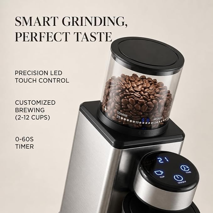OrkeyDolk® Electric Burr Coffee Grinder with Conical Burr, 25 Grind Settings for Espresso, Drip Coffee & Moka Pot, Quiet Coffee Grinder for 2–12 Cups, Stainless Steel Burr, LED Display S