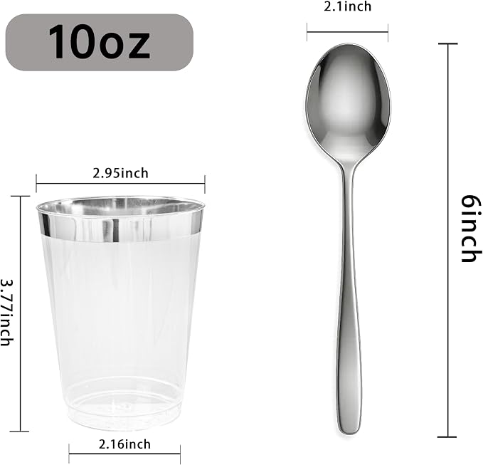 I00000 100PCS Silver Plastic Cups,10 oz Clear Plastic Cups with Silver Trim, Heavy-Duty Disposable Hard Cup For Party, Premium Cup Perfect for Wedding & Party
