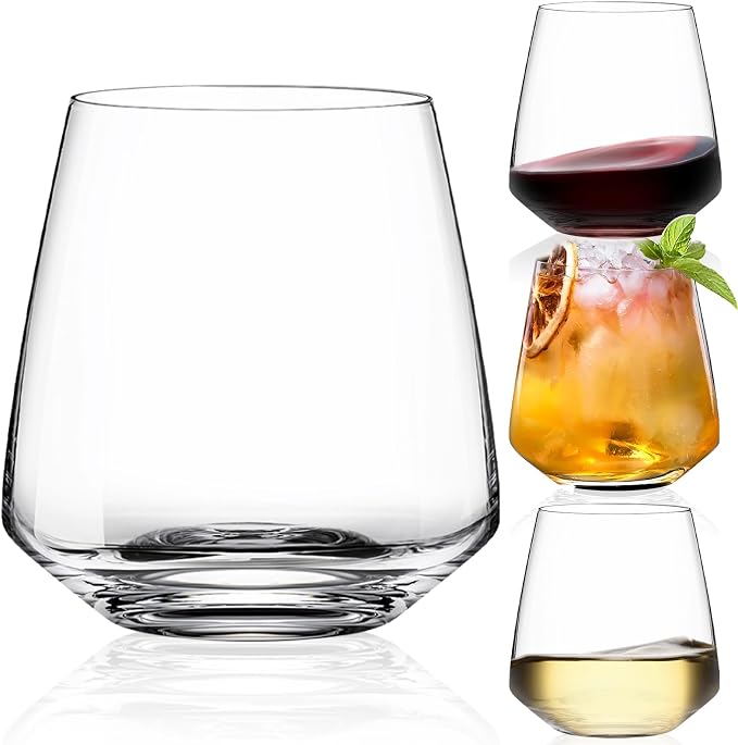 Stemless Wine Glasses Set of 4-15 oz Clear-Modern Hand-Blown Wine Glasses, European Design Crystal Glass For Red & White Wine, Unique Gifts for Wedding, Birthday
