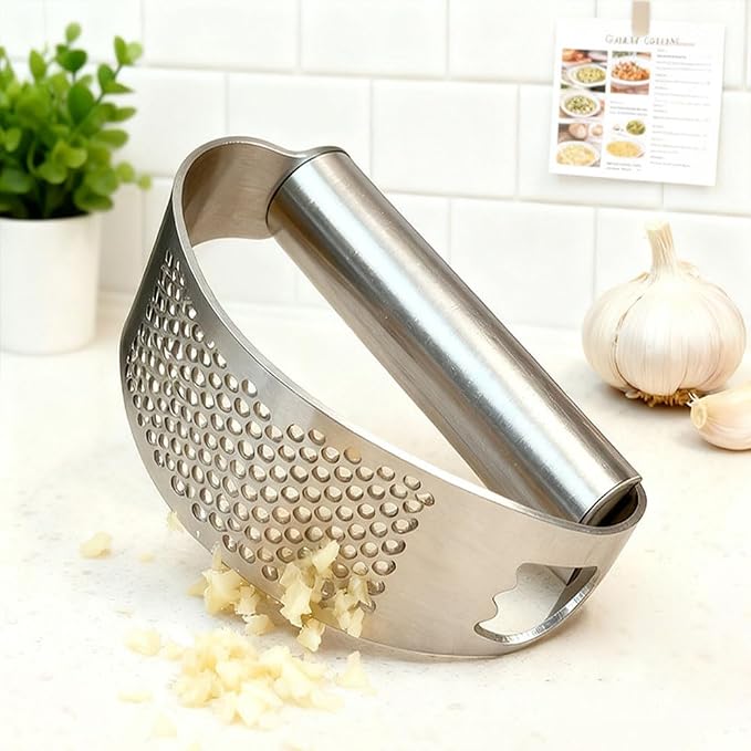 Garlic Press Set,Garlic Press Rocker Heavy Duty Stainless Steel Garlic Mincer, Garlic Chopper with Peeler And Cleaning Brush for Smash Garlic Kitchen Tools(1Set)