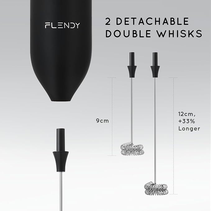 Flendy Rechargeable Milk Frother Handheld with Charging Stand | USB-C Charging Dock, 2 Detachable Double Whisk, Extra Long Mixer Wand, Wall Mount, Top Button, Compact Electric Stirrer