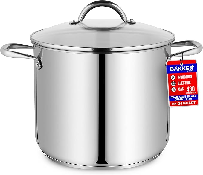 Stainless Steel Stockpot with Tempered Glass Lid 24 Quart, Durable 18/0 Stainless Steel, Impact-Bonded Base for Even Heating, Riveted Handles, Oven & All Stove Compatible, Safe Up To 500°F (260°C)