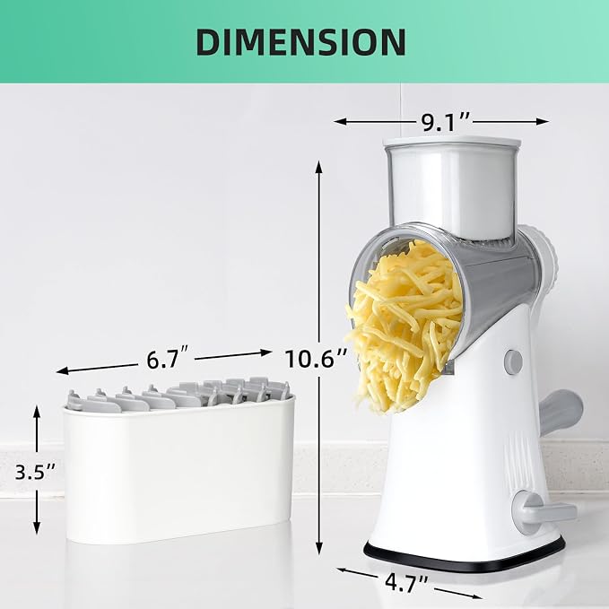 Rotary Cheese Grater Hand Crank with Reinforced Suction & 5 Blade | Strong Suction Base Stays Firm, 5 Interchangeable Blades, Great for Vegetables & Nuts, Mandoline Slicer for Kitchen, White