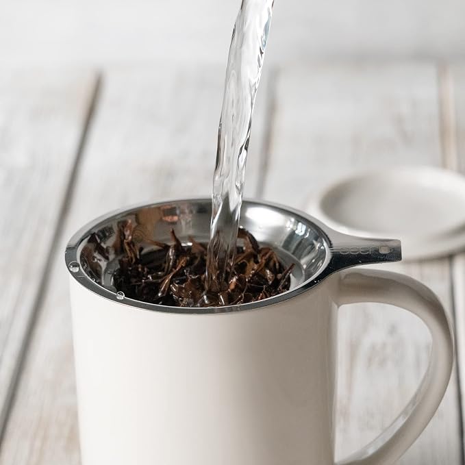 CEEFU 16oz Porcelain Tea Mug with Infuser, Lid and Coaster | Teaware with Filter, Loose Leaf Tea Cup Steeper Maker, Tea/Coffee/Milk/Women/Office/Home/Gift, White