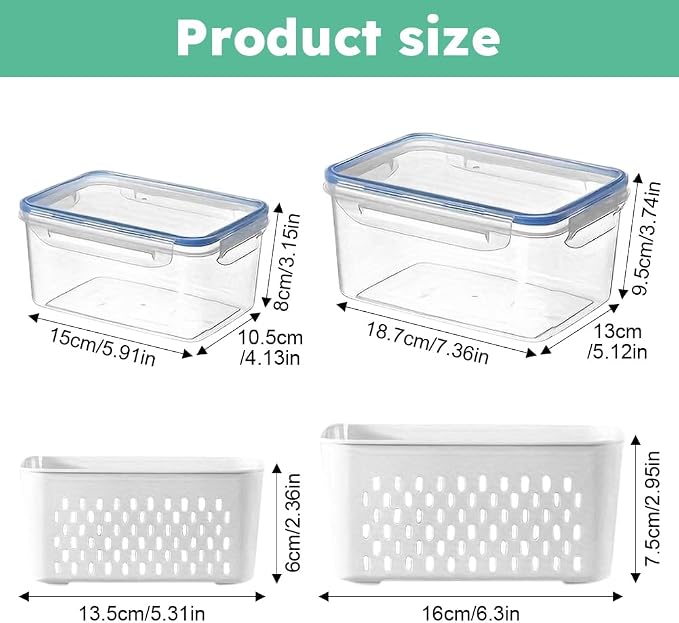 2 Pack Fruit Storage Containers for Fridge with Removable Colanders, Dishwasher & Microwave safe Produce Storage Containers with Lids Keep Fruits, Vegetables, Berry, Meat Fresh longer