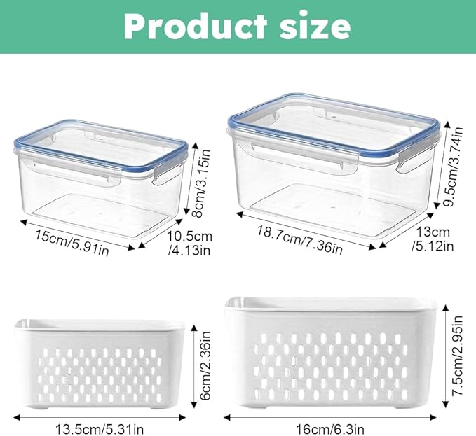 2pcs Fruit Storage Containers for Fridge, Leakproof Food Storage Containers with Removable Colander Airtight Food Storag-e Container Keep Produce Vegetables Berr-y Fresh Longer(COLOR:Clear White)