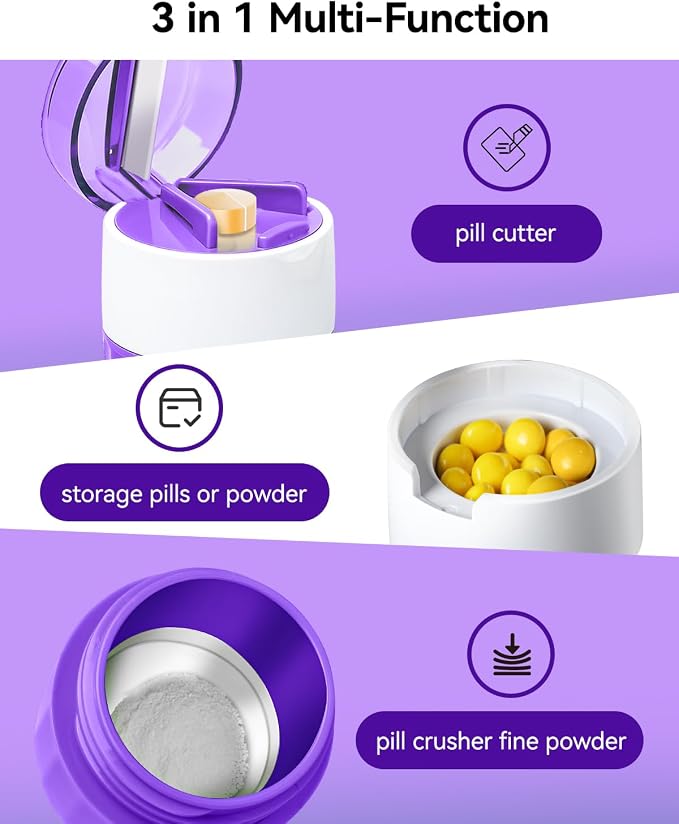 3-in-1 Pill Crusher & Cutter for Fine Powder, Portable - Purple | Features Stainless Steel Grinding Pestle for Fast Fine powder. Easy Open Pill Cutter & Crusher for Elderly and Pets.