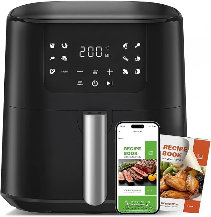 Qido Air Fryer, 5.28 QT Square Airfryer, 400°F Fast Heating Air Fryers Oven with One-Touch Presets, Auto-Off, Dishwasher-Safe Nonstick Basket, Multiple 8 in 1 Function, Dark Black