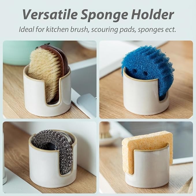 Zoeeker Sponge Holder for Kitchen Sink, Ceramic Dish Sponge Drying Caddy | Scrubby Daddy Kitchen Storage Organizer Cute Dish Brush Drying Rack for Sink Counter, Farmhouse Kitchen Decor, Beige White