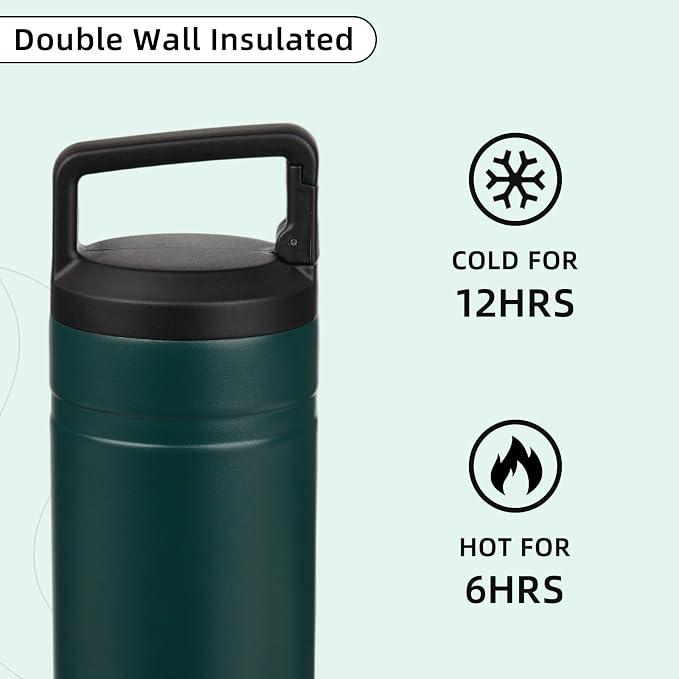 BJPKPK 20 oz Insulated Travel Water Bottle, Coffee Tumbler Stainless Steel | Double Wall Vacuum, Leakproof, Thermal, Keeps Hot/Cold, Dishwasher Safe, Spill Proof, Wide Mouth, 2 Lids, Dark Green