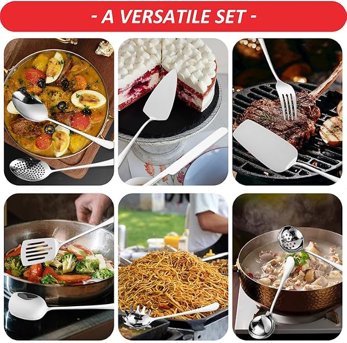 Stainless Steel Kitchen Utensils Set 11 Pcs Cooking Utensils Hostess Serving Heat Resistant Kitchen Essentials Metal Kitchen Gadgets Accessories,for Buffet,Wedding,Party Dishwasher Safe
