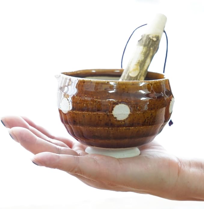 Traditional Japanese Mini Sesame Seed Grinder with Pestle - Mino Takada-yaki Ceramic - Deep Amber - Ideal for Dressings and Sauces (Candy Polka Dot Brown)