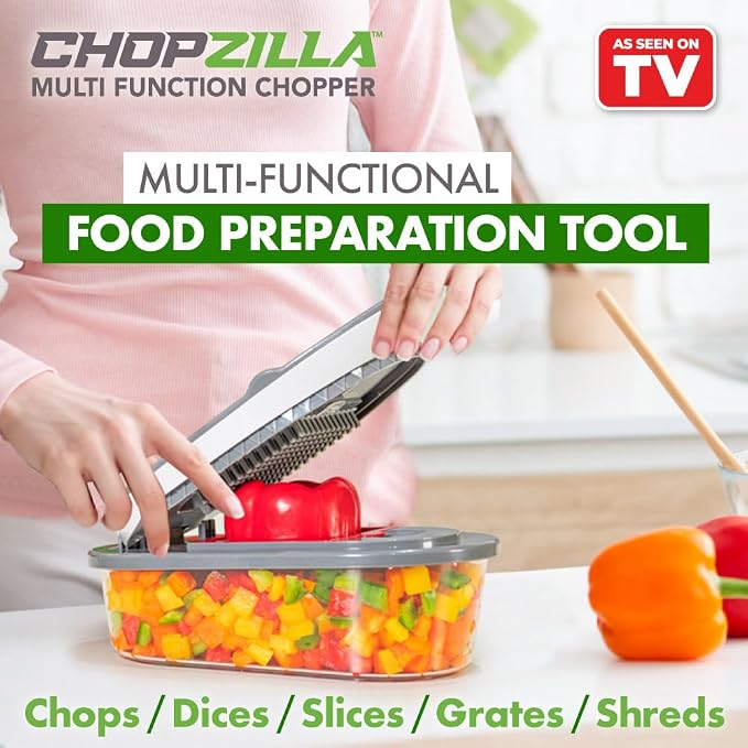Vegetable Chopper and Mandoline Slicer with Container, CHOPZILLA 4 Stainless Steel Blades, BPA-Free Onion Chopper, Vegetable Cutter, French Fry Cutter, Dishwasher Safe Fruit Potato Dicer, Pink