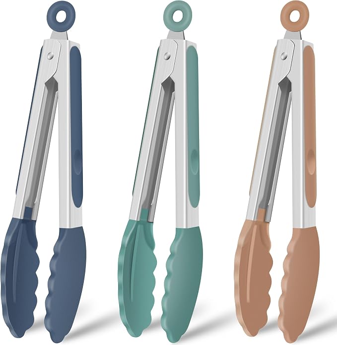 Hotec Silicone Serving Tongs for Cooking 9-Inch Kitchen Tongs with Silicone Tips, Set of 3 (Neutral Color)