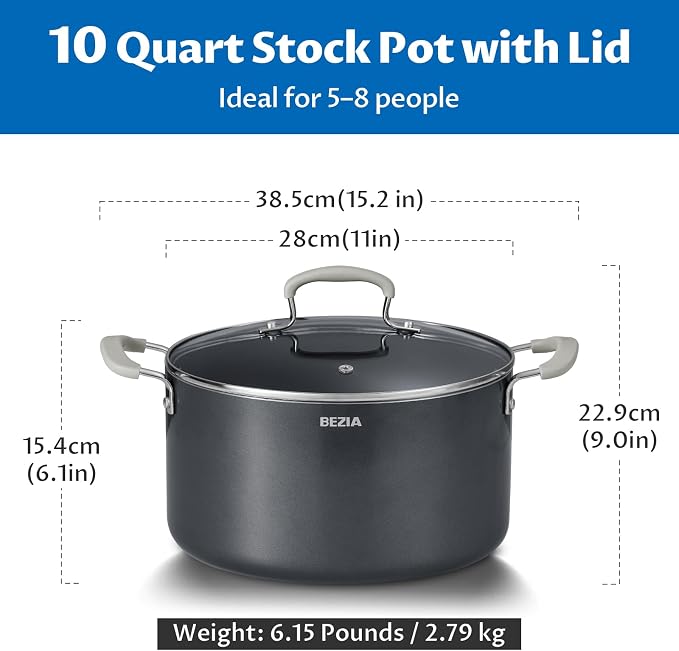BEZIA 10QT Non Stick Stock Pot with Lid, Ceramic Large Cooking Pot for Soup | Stay-Cool Silicone Handles, Oven Safe & Easy Cleanup, for All Stovetops, for Big-batch Pasta Sauce, Multi-portion Curries
